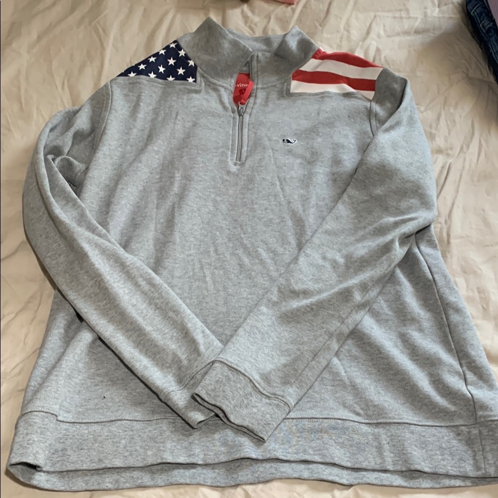 Vineyard vines Gray Quarter-Zip Pullover with American Flag Accents